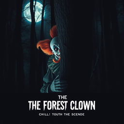 A creepy clown with a ginger beard and mustache hides behind a tree in a dark forest, illuminated by the eerie moonlight creating haunting shadows