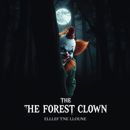 A creepy clown with a ginger beard and mustache hides behind a tree in a dark forest, illuminated by the eerie moonlight casting haunting shadows