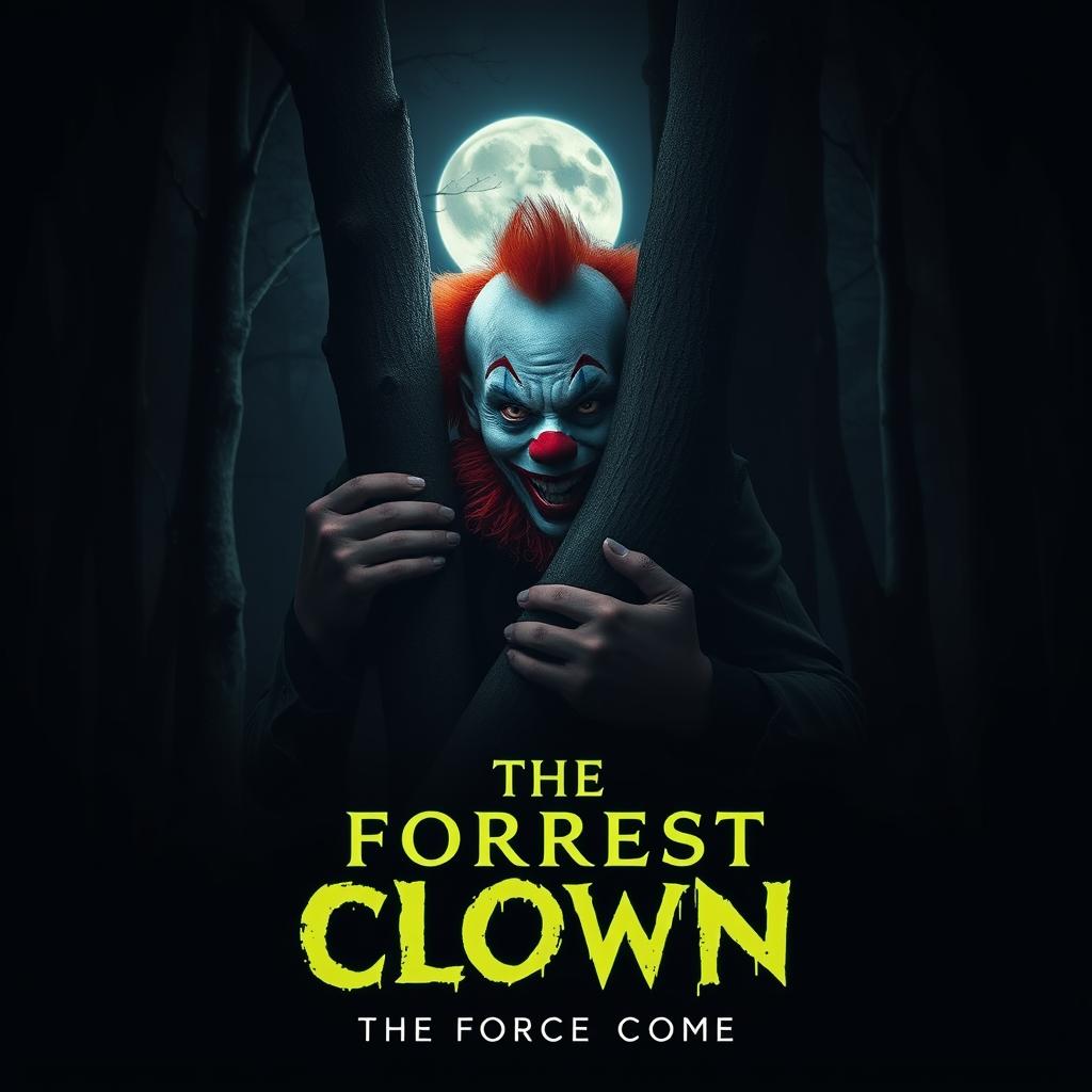 A creepy clown with a ginger beard and mustache hides behind a tree in a dark forest, illuminated by the eerie moonlight casting haunting shadows