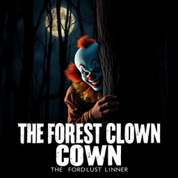 A creepy clown with a ginger beard and mustache hides behind a tree in a dark forest, illuminated by the eerie moonlight casting haunting shadows