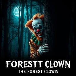 A creepy clown with a ginger beard and mustache hides behind a tree in a dark forest, illuminated by the eerie moonlight casting haunting shadows