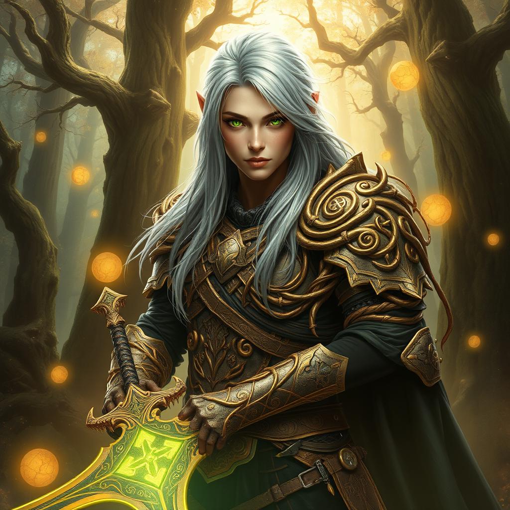 A stunningly detailed portrait of a fantasy warrior clad in intricate armor made of interwoven golden vines, set against a mystical forest backdrop filled with luminous, floating orbs and towering ancient trees