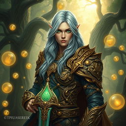 A stunningly detailed portrait of a fantasy warrior clad in intricate armor made of interwoven golden vines, set against a mystical forest backdrop filled with luminous, floating orbs and towering ancient trees