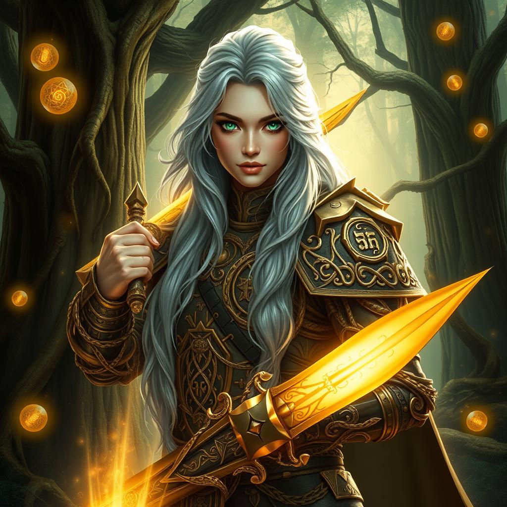 A stunningly detailed portrait of a fantasy warrior clad in intricate armor made of interwoven golden vines, set against a mystical forest backdrop filled with luminous, floating orbs and towering ancient trees