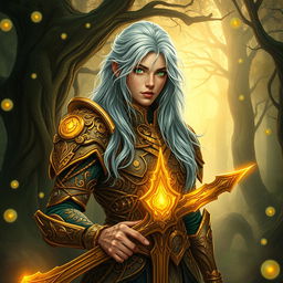 A stunningly detailed portrait of a fantasy warrior clad in intricate armor made of interwoven golden vines, set against a mystical forest backdrop filled with luminous, floating orbs and towering ancient trees