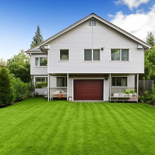 A two-storey family house suitable for a family of four with a well-maintained lawn, a playful swing set, and a spacious garage.