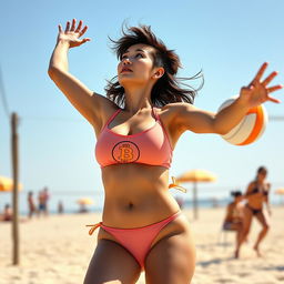 A beautiful 18-year-old Japanese woman with Quiff Pixie hair, showcasing her curvy figure as she plays beach volleyball