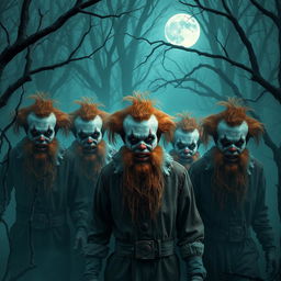 A group of zombie clowns with ginger beards roam through a misty, eerie forest