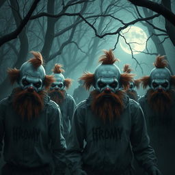 A group of zombie clowns with ginger beards roam through a misty, eerie forest