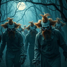 A group of zombie clowns with ginger beards roam through a misty, eerie forest