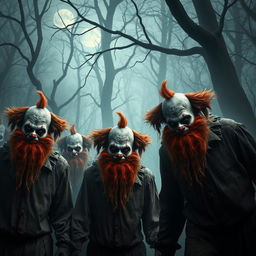 A group of zombie clowns with ginger beards roam through a misty, eerie forest