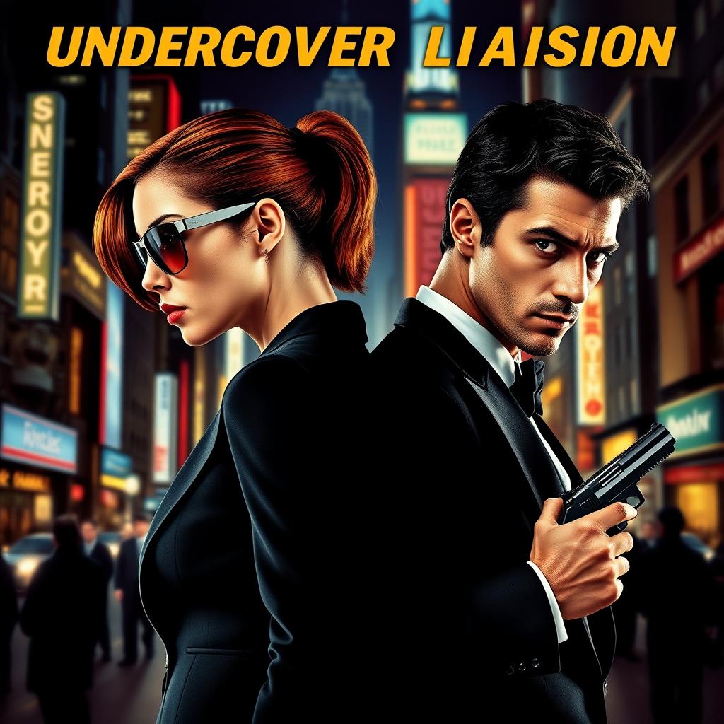 A dynamic movie poster featuring two spies back-to-back, one female and one male