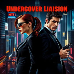 A dynamic movie poster featuring two spies back-to-back, one female and one male