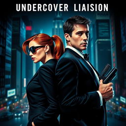 A dynamic movie poster featuring two spies back-to-back, one female and one male