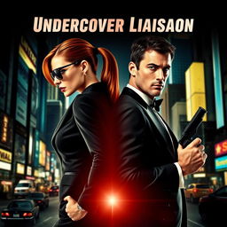 A dynamic movie poster featuring two spies back-to-back, one female and one male