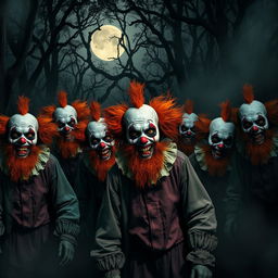 A diverse group of zombie clowns, each with unique features and ginger beards, creep through a dark forest