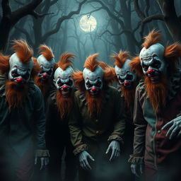 A diverse group of zombie clowns, each with unique features and ginger beards, creep through a dark forest