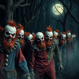 A diverse group of zombie clowns, each with unique features and ginger beards, creep through a dark forest