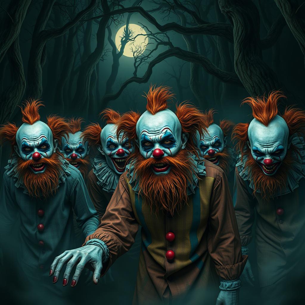 A diverse group of zombie clowns, each with unique features and ginger beards, creep through a dark forest