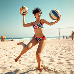 A beautiful 18-year-old Japanese girl with Quiff Pixie hair, showcasing her perfect legs and arms as she plays beach volleyball