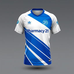 A vibrant and modern design of a Pharmacy 21 jersey, featuring dynamic blue and white colors with sleek lines and the 'Pharmacy 21' logo prominently displayed