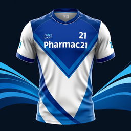 A vibrant and modern design of a Pharmacy 21 jersey, featuring dynamic blue and white colors with sleek lines and the 'Pharmacy 21' logo prominently displayed