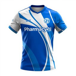 A vibrant and modern design of a Pharmacy 21 jersey, featuring dynamic blue and white colors with sleek lines and the 'Pharmacy 21' logo prominently displayed