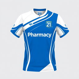 A vibrant and modern design of a Pharmacy 21 jersey, featuring dynamic blue and white colors with sleek lines and the 'Pharmacy 21' logo prominently displayed