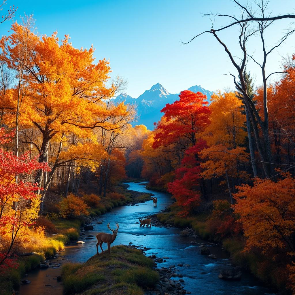 A serene forest landscape during autumn, with vibrant orange, red, and yellow leaves on the trees