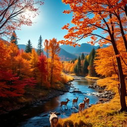 A serene forest landscape during autumn, with vibrant orange, red, and yellow leaves on the trees