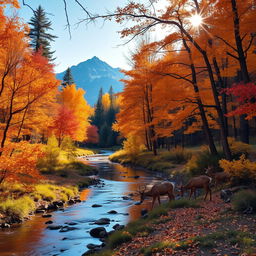 A serene forest landscape during autumn, with vibrant orange, red, and yellow leaves on the trees