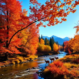 A serene forest landscape during autumn, with vibrant orange, red, and yellow leaves on the trees