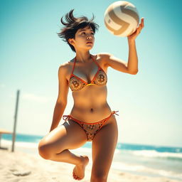 A beautiful 18-year-old Japanese girl with Quiff Pixie hair, showcasing her perfect legs and arms as she plays beach volleyball