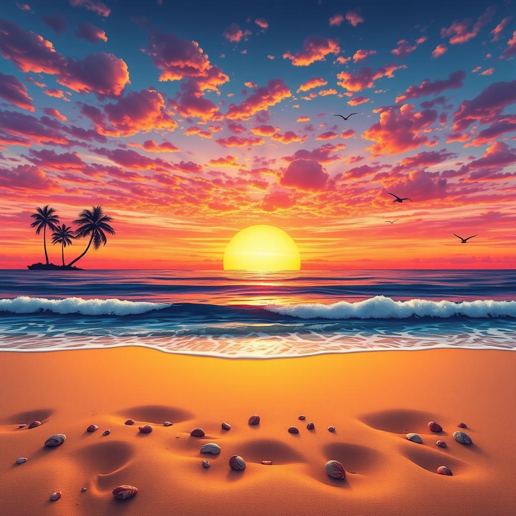 An intricate landscape depicting a breathtaking sunset over a serene ocean, with vibrant hues of orange, pink, and purple reflecting on gentle waves