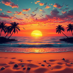 An intricate landscape depicting a breathtaking sunset over a serene ocean, with vibrant hues of orange, pink, and purple reflecting on gentle waves