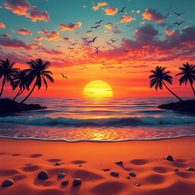 An intricate landscape depicting a breathtaking sunset over a serene ocean, with vibrant hues of orange, pink, and purple reflecting on gentle waves