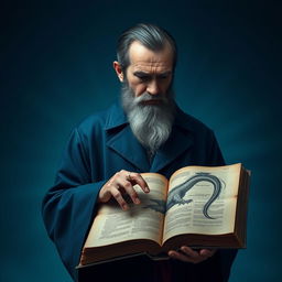 A wise wizard stands in a navy blue long coat, his short beard peppered with grey and a streak of grey in his neatly combed black hair