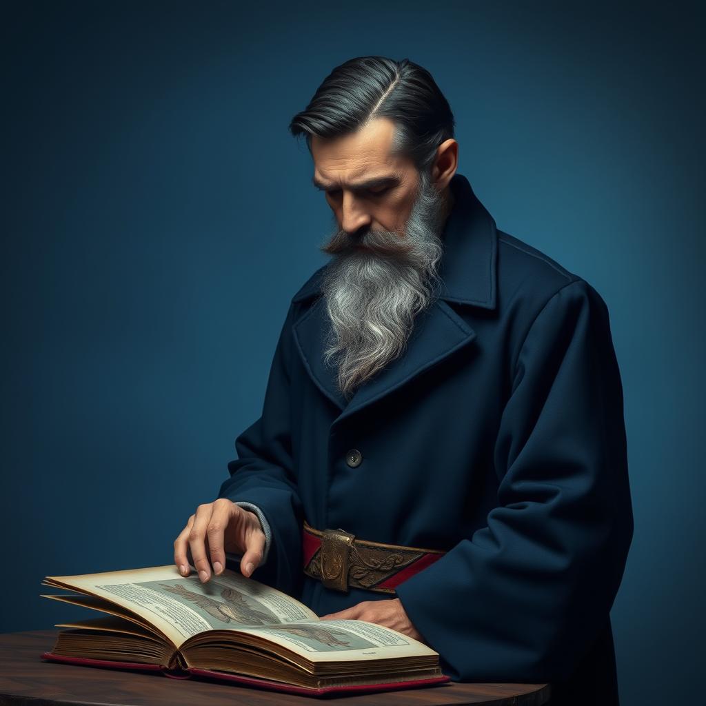 A wise wizard stands in a navy blue long coat, his short beard peppered with grey and a streak of grey in his neatly combed black hair