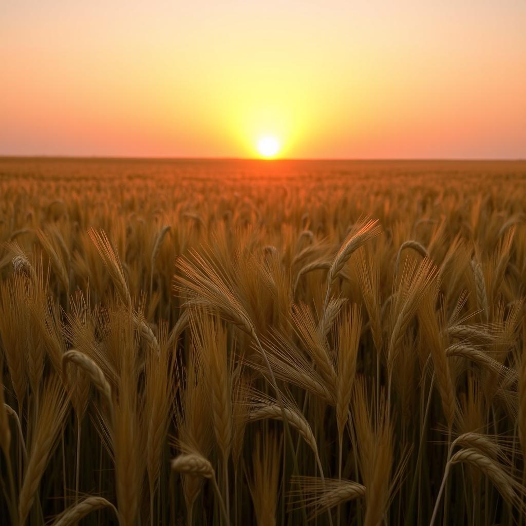 Beautiful landscape view of a golden wheat field during sunset, capturing the soft glow of the sun's rays hitting the wheat stalks, with a clear sky transitioning from deep orange to pink hues