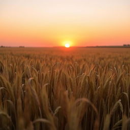 Beautiful landscape view of a golden wheat field during sunset, capturing the soft glow of the sun's rays hitting the wheat stalks, with a clear sky transitioning from deep orange to pink hues