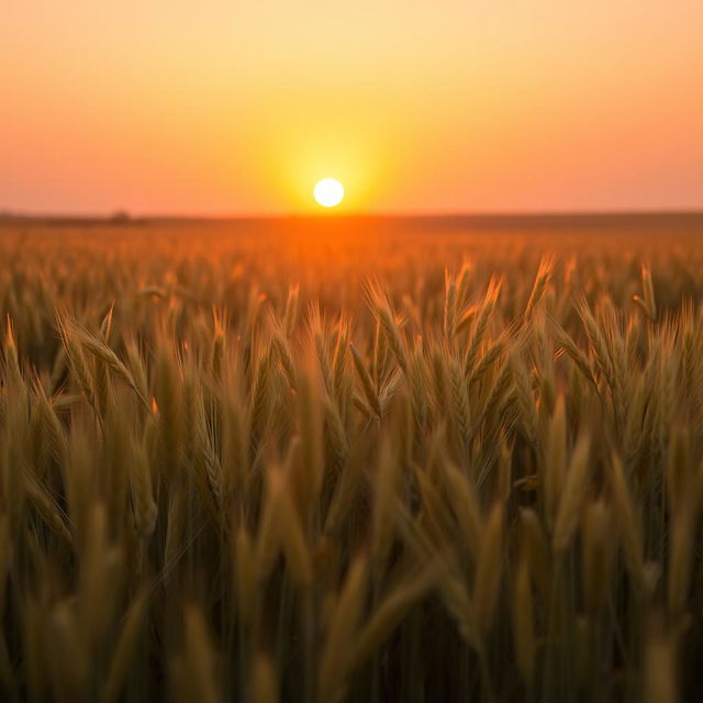 Beautiful landscape view of a golden wheat field during sunset, capturing the soft glow of the sun's rays hitting the wheat stalks, with a clear sky transitioning from deep orange to pink hues