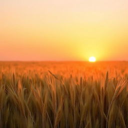 Beautiful landscape view of a golden wheat field during sunset, capturing the soft glow of the sun's rays hitting the wheat stalks, with a clear sky transitioning from deep orange to pink hues