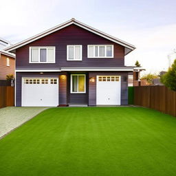 A two-storey family house suitable for a family of four with a well-maintained lawn, a playful swing set, and a spacious garage.