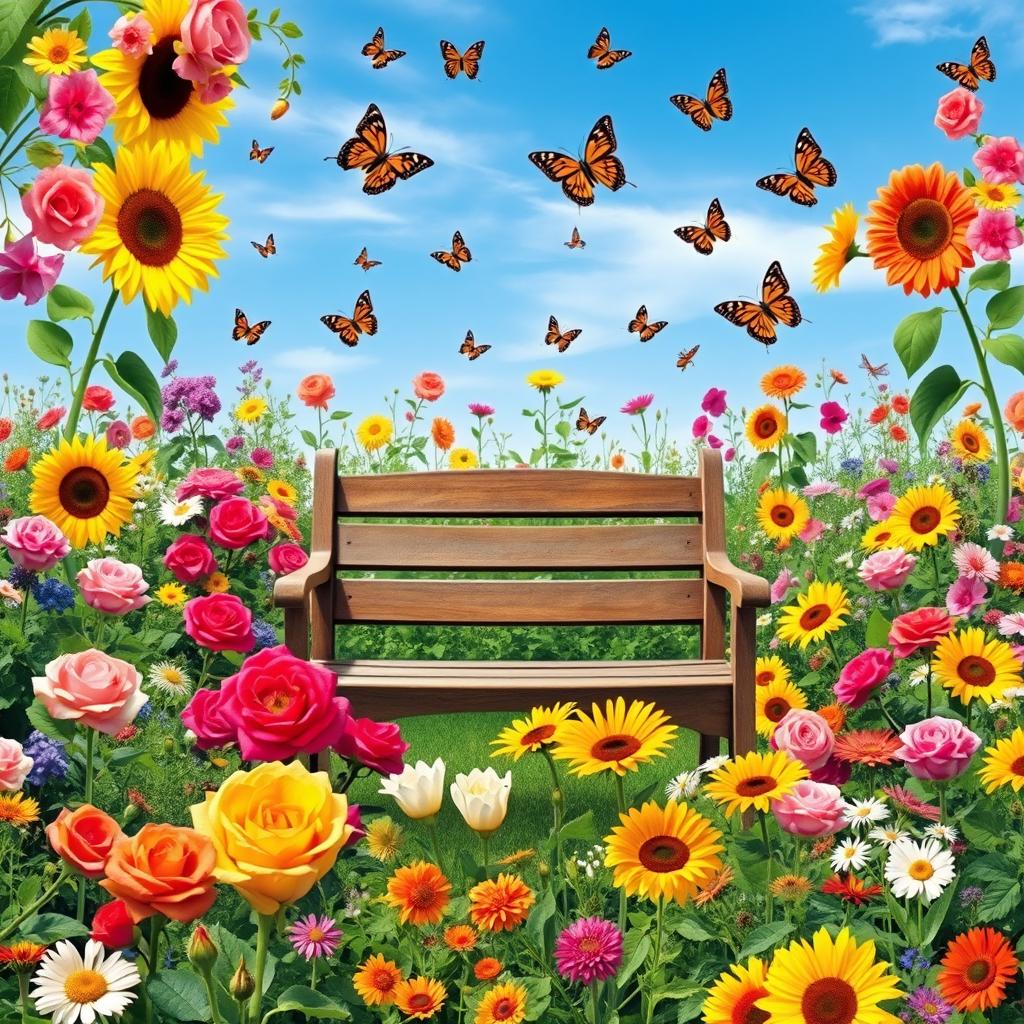 a vibrant and colorful garden filled with various types of flowers, butterflies fluttering around, with a clear blue sky in the background