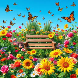 a vibrant and colorful garden filled with various types of flowers, butterflies fluttering around, with a clear blue sky in the background