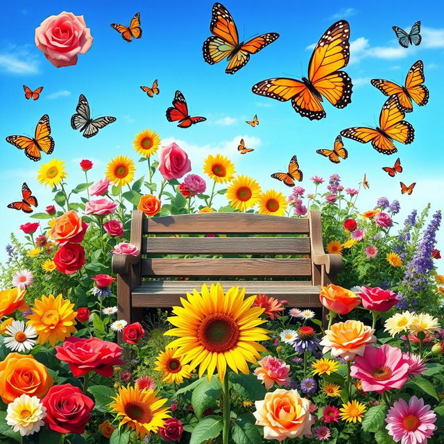 a vibrant and colorful garden filled with various types of flowers, butterflies fluttering around, with a clear blue sky in the background