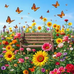 a vibrant and colorful garden filled with various types of flowers, butterflies fluttering around, with a clear blue sky in the background