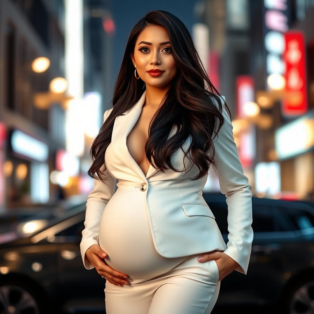 An Asian woman wearing a stylish white suit, standing confidently with a huge round belly