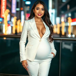 An Asian woman wearing a stylish white suit, standing confidently with a huge round belly