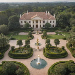 A landscape depicting the essence of wealth and prosperity with a grand mansion, luxury cars, lush gardens, and golden fountains.